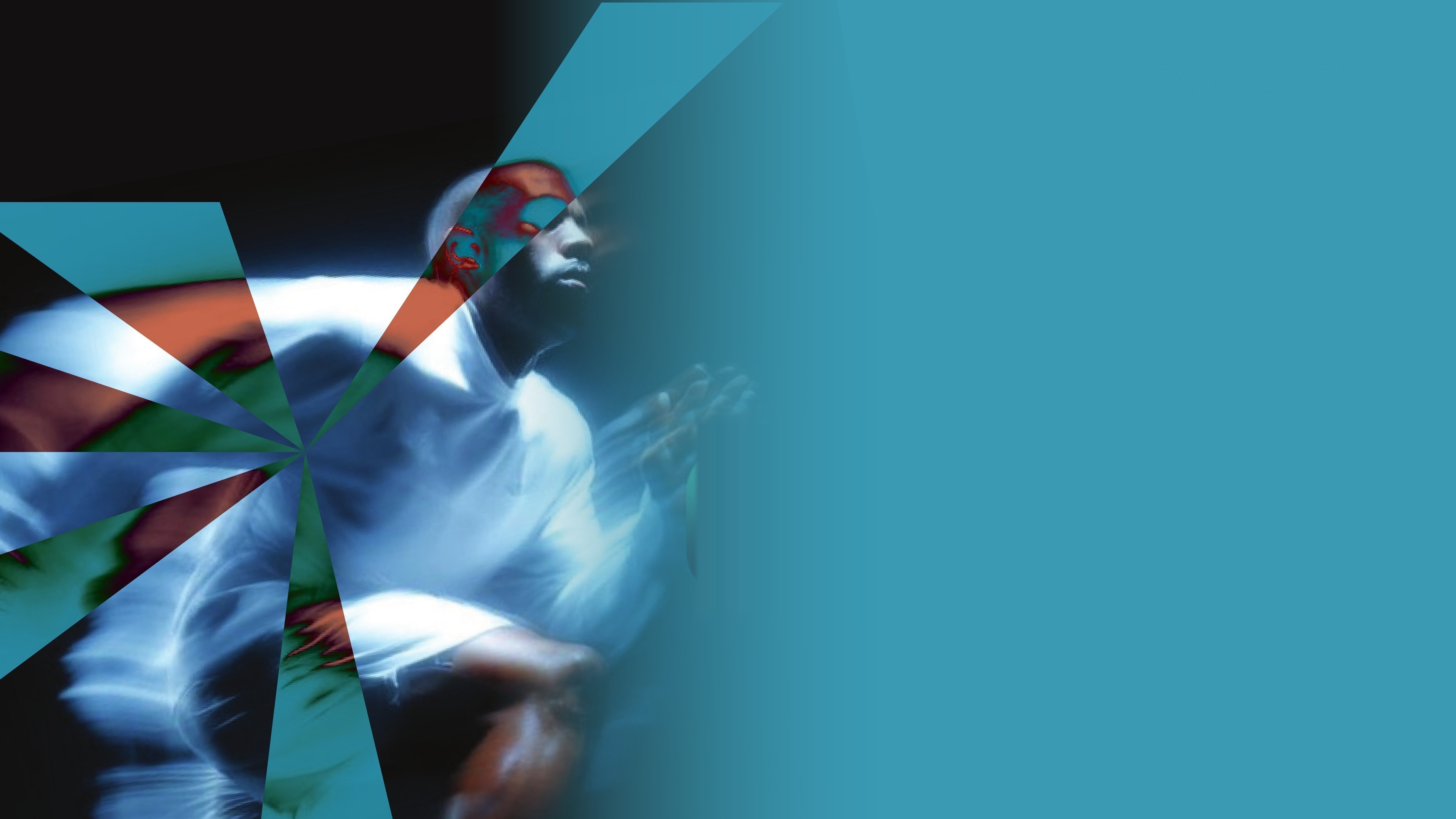 PLN Mobile Electric 5K Series runner in motion on a teal background with shard elements